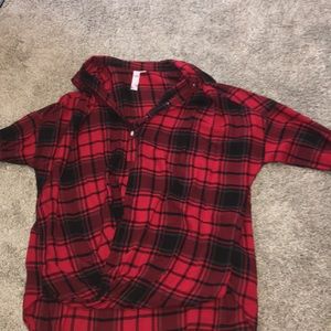 red and black half button down, high low top